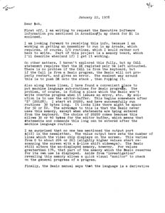 Letter to Bob Fabris from John Sweeney (Jan 22 1979)